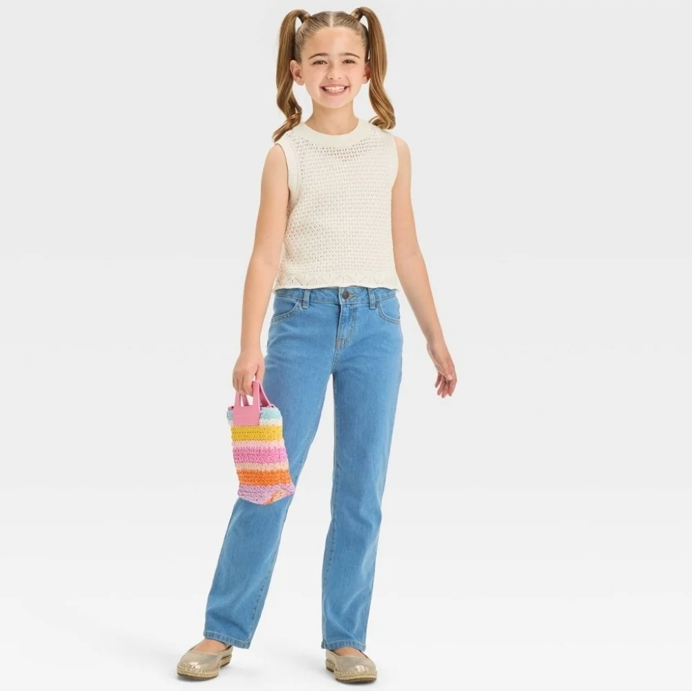 Girls' Mid-Rise Denim Straight Jeans - Cat & Jack Medium Wash 18